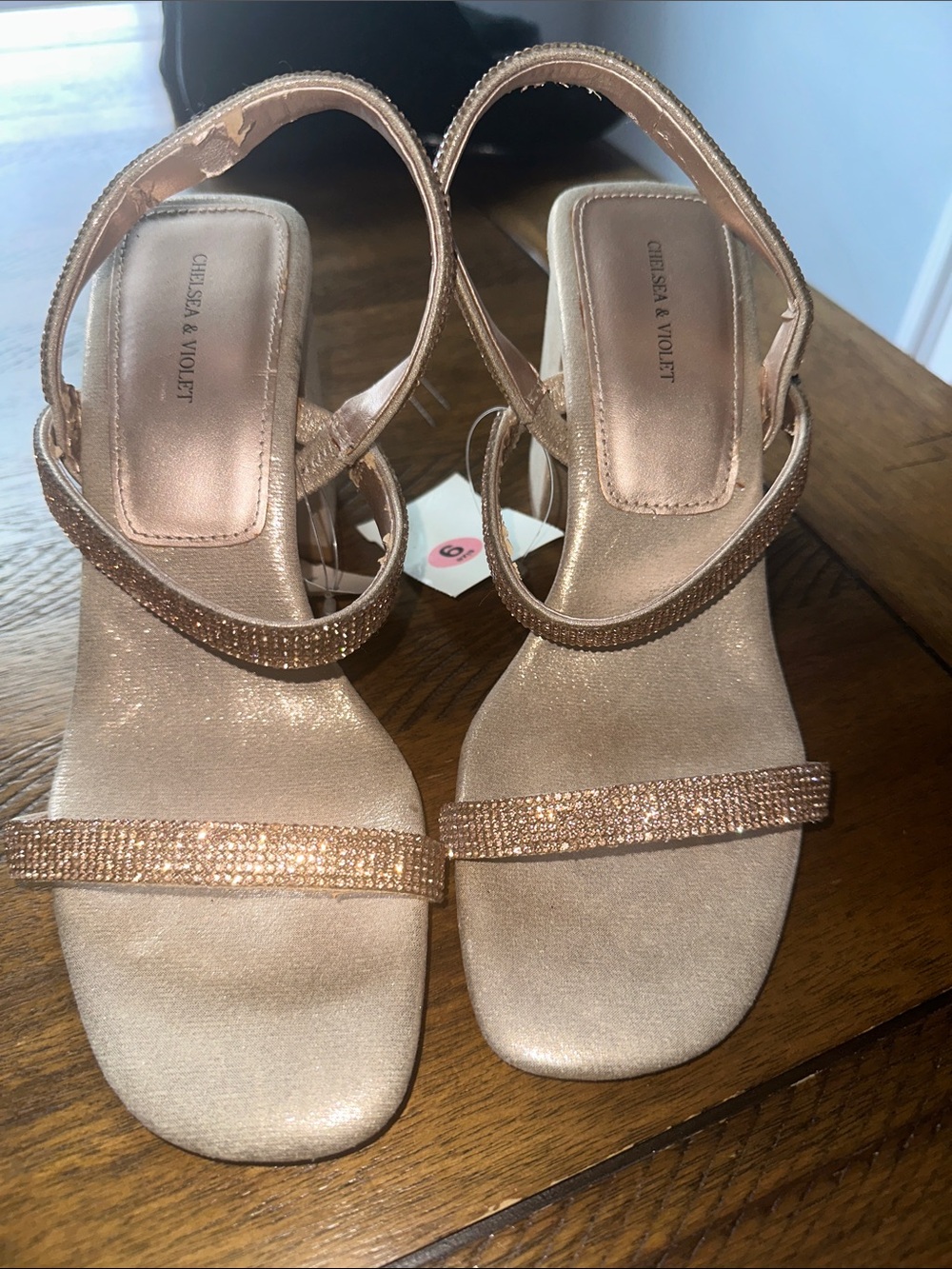Chelsea & Violet Women’s Rose Gold Rhinestone Strap Heels
